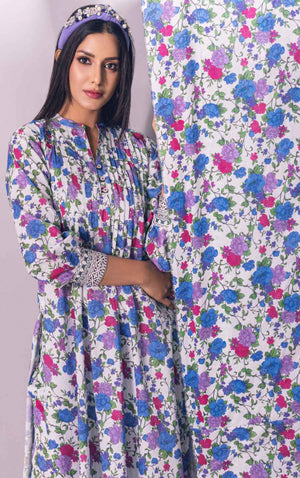 2Pc Printed Pret Shirt Trouser Lawn White & Blue - OW2P-2301008