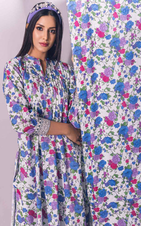 2Pc Printed Pret Shirt Trouser Lawn White & Blue - OW2P-2301008