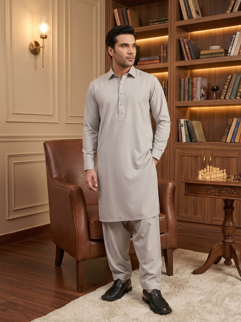 Mens Unstitched Suit Ali Baba Blended Light Grey_WW-213