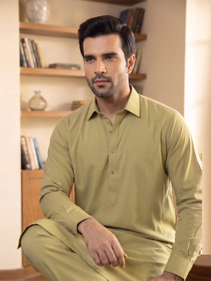 Mens Unstitched Suit Ali Baba Blended Mehndi_WW-213