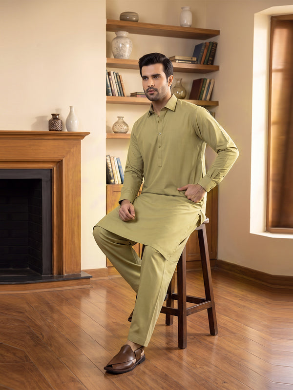 Mens Unstitched Suit Ali Baba Blended Mehndi_WW-213