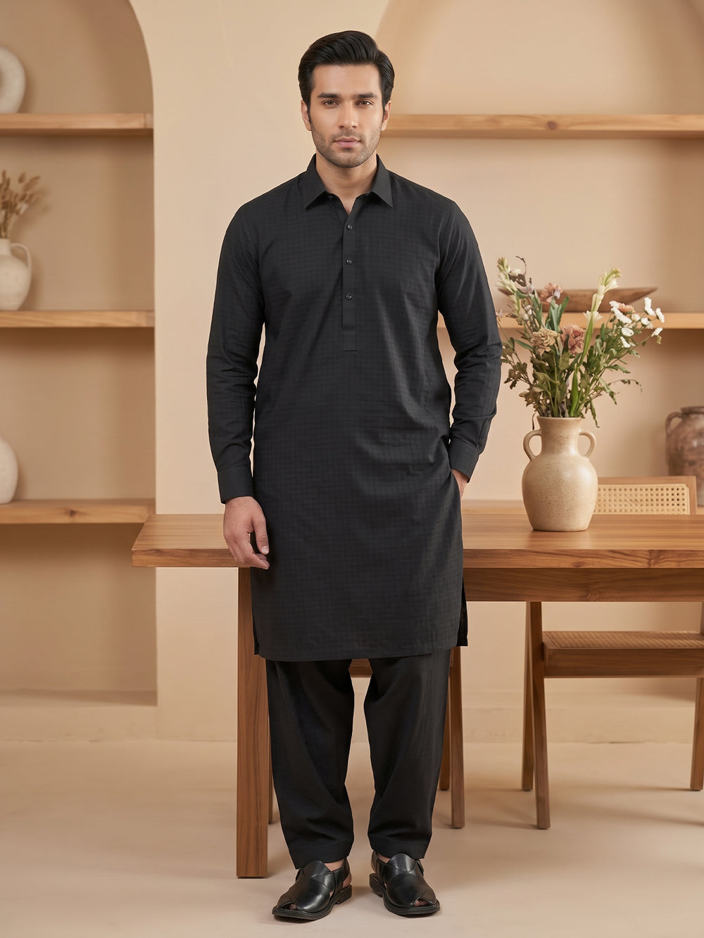 Mens Unstitched Suit Chess Blended Black_WW-216