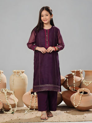 2Pc Embroidered Pret Shirt Trouser Organza Purple - OGE2PG-2406006