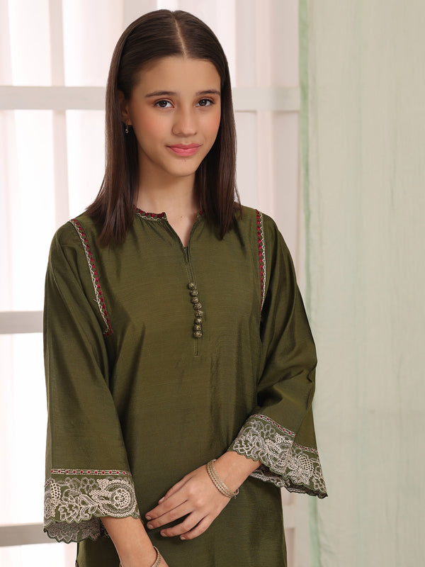 2Pc Embroidered Pret Shirt Trouser Cotton Silk Green - OGE2PG-2506019