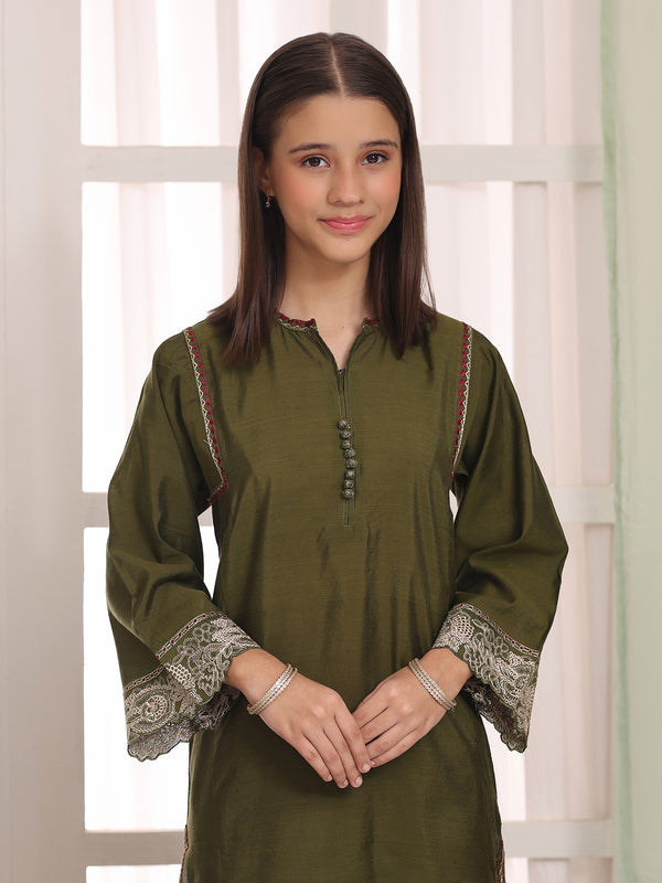 2Pc Embroidered Pret Shirt Trouser Cotton Silk Green - OGE2PG-2506019