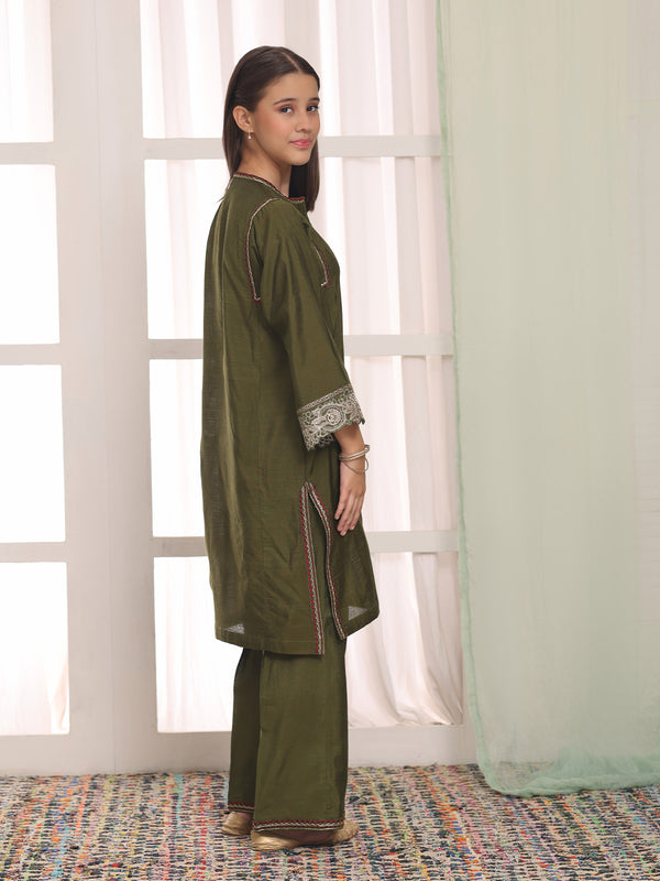 2Pc Embroidered Pret Shirt Trouser Cotton Silk Green - OGE2PG-2506019