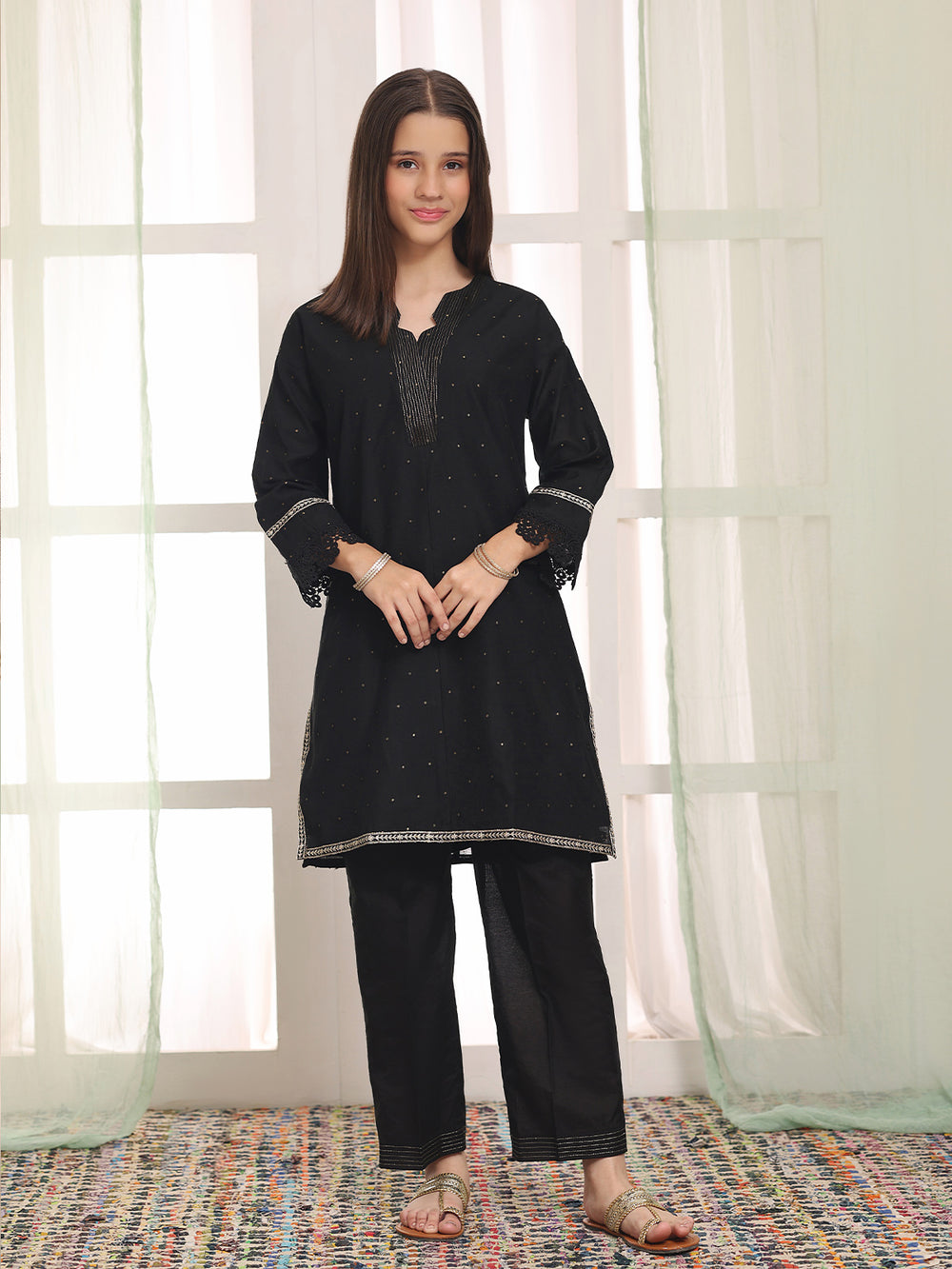 2Pc Embroidered Pret Shirt Trouser Cotton Net Jacquard Black - OGE2PG-25070
