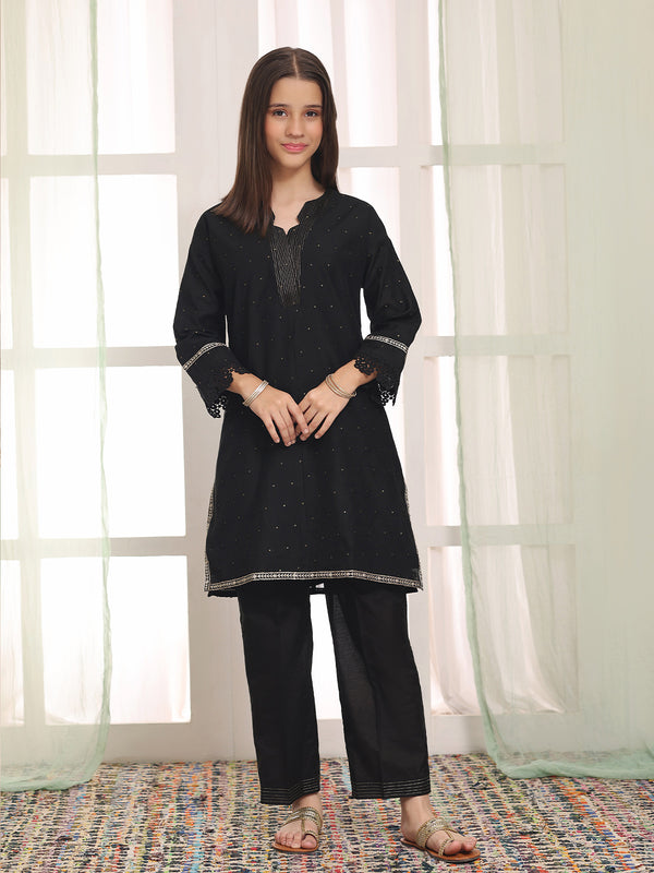 2Pc Embroidered Pret Shirt Trouser Cotton Net Jacquard Black - OGE2PG-25070