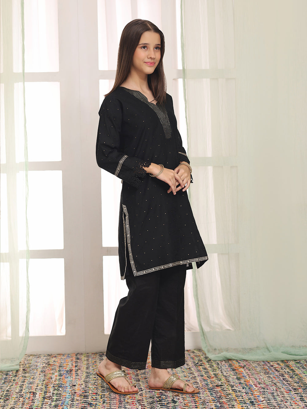 2Pc Embroidered Pret Shirt Trouser Cotton Net Jacquard Black - OGE2PG-25070