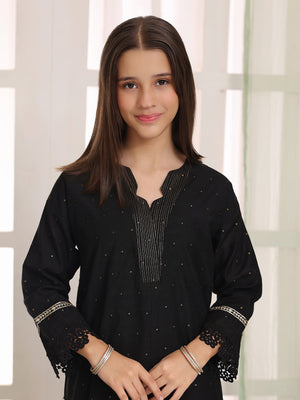 2Pc Embroidered Pret Shirt Trouser Cotton Net Jacquard Black - OGE2PG-25070