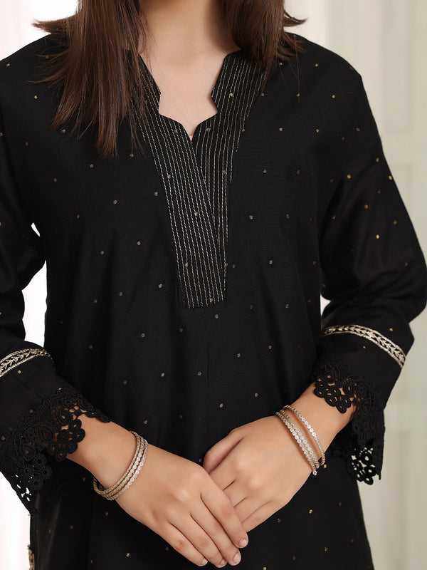 2Pc Embroidered Pret Shirt Trouser Cotton Net Jacquard Black - OGE2PG-25070