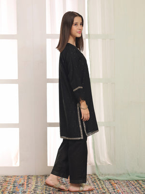 2Pc Embroidered Pret Shirt Trouser Cotton Net Jacquard Black - OGE2PG-25070