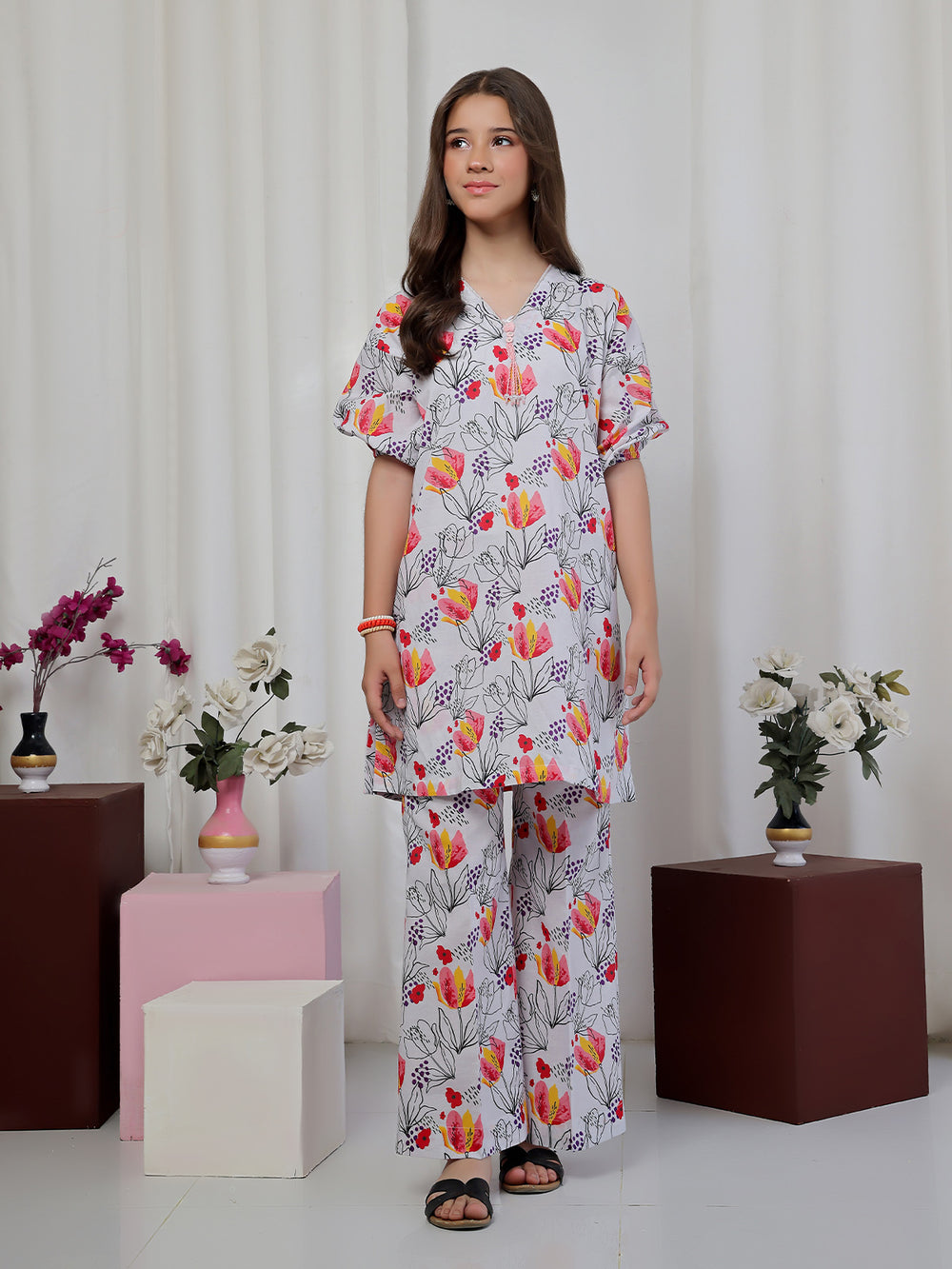 2Pc Printed Pret Shirt Trouser Lawn White & Red - OG2P-2506003