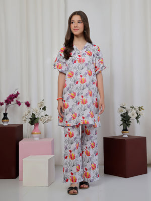 2Pc Printed Pret Shirt Trouser Lawn White & Red - OG2P-2506003