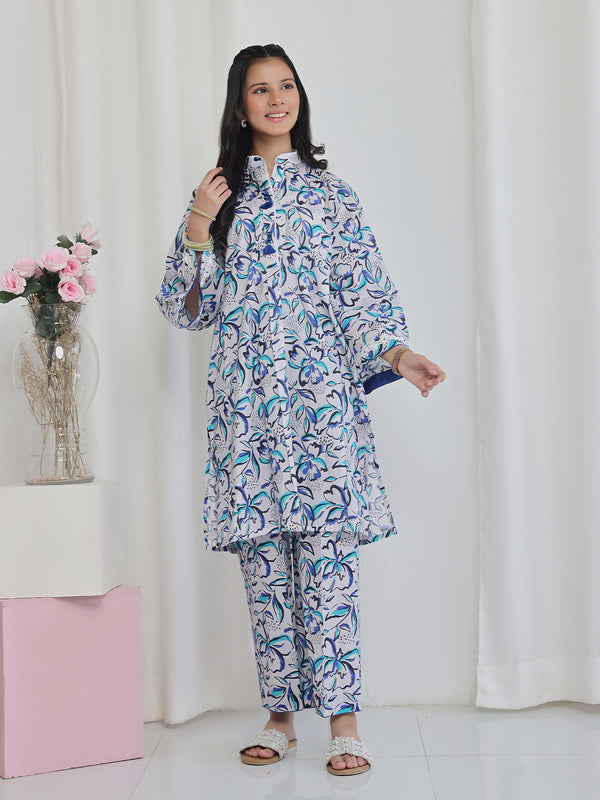 2Pc Printed Pret Shirt Trouser Lawn White & Blue - OG2P-2506004