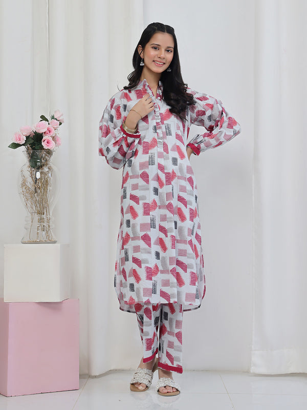 2Pc Printed Pret Shirt Trouser Lawn White & Maroon - OG2P-2506005
