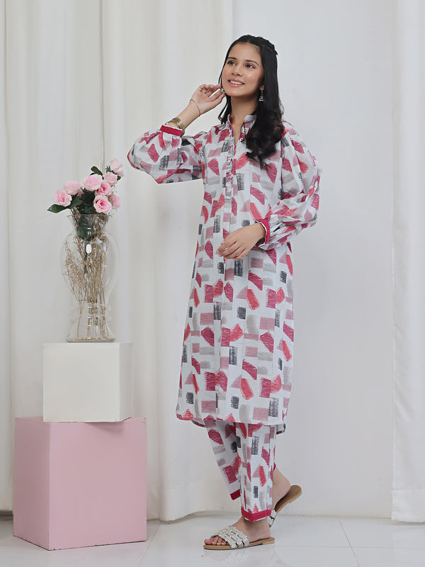 2Pc Printed Pret Shirt Trouser Lawn White & Maroon - OG2P-2506005