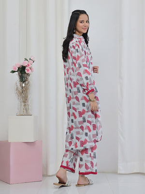 2Pc Printed Pret Shirt Trouser Lawn White & Maroon - OG2P-2506005