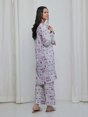 2Pc Printed Pret Shirt Trouser Lawn White & Purple - OG2P-2506008