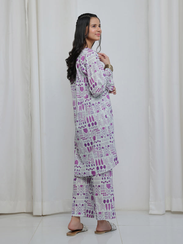 2Pc Printed Pret Shirt Trouser Lawn White & Purple - OG2P-2506008