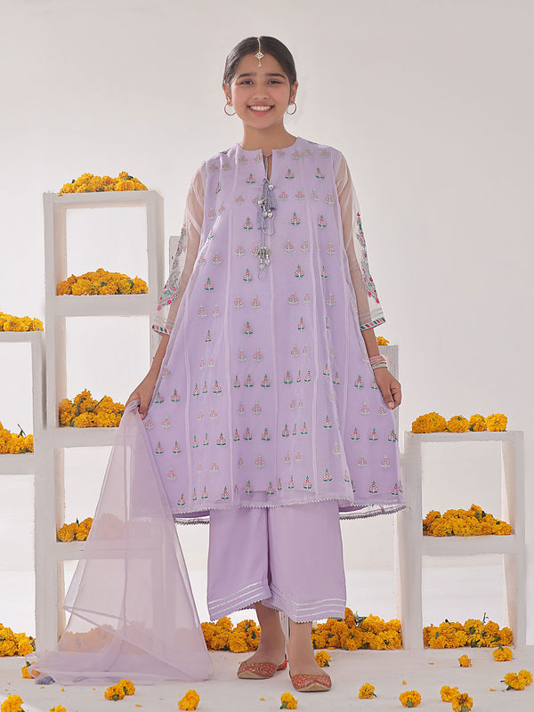 3Pc Embroidered Pret Suit Organza Light Lilac - OGE3P-2311009