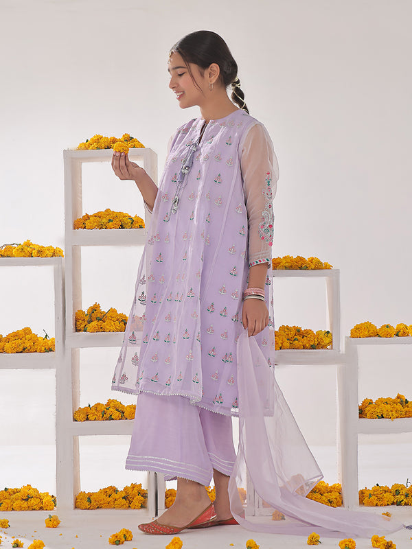 3Pc Embroidered Pret Suit Organza Light Lilac - OGE3P-2311009