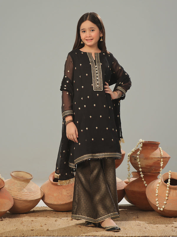 3Pc Embroidered Pret Suit Chiffon Black - OGE3P-2405022