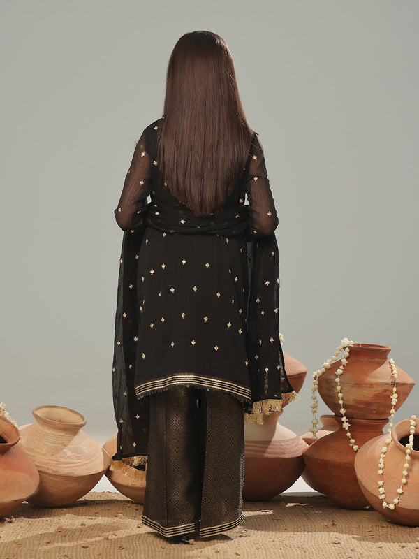 3Pc Embroidered Pret Suit Chiffon Black - OGE3P-2405022