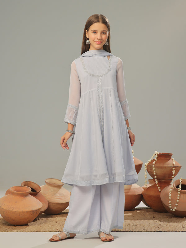 3Pc Embroidered Pret Suit Organza Sky Blue - OGE3P-2408029