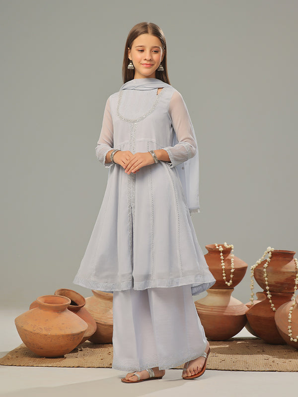 3Pc Embroidered Pret Suit Organza Sky Blue - OGE3P-2408029