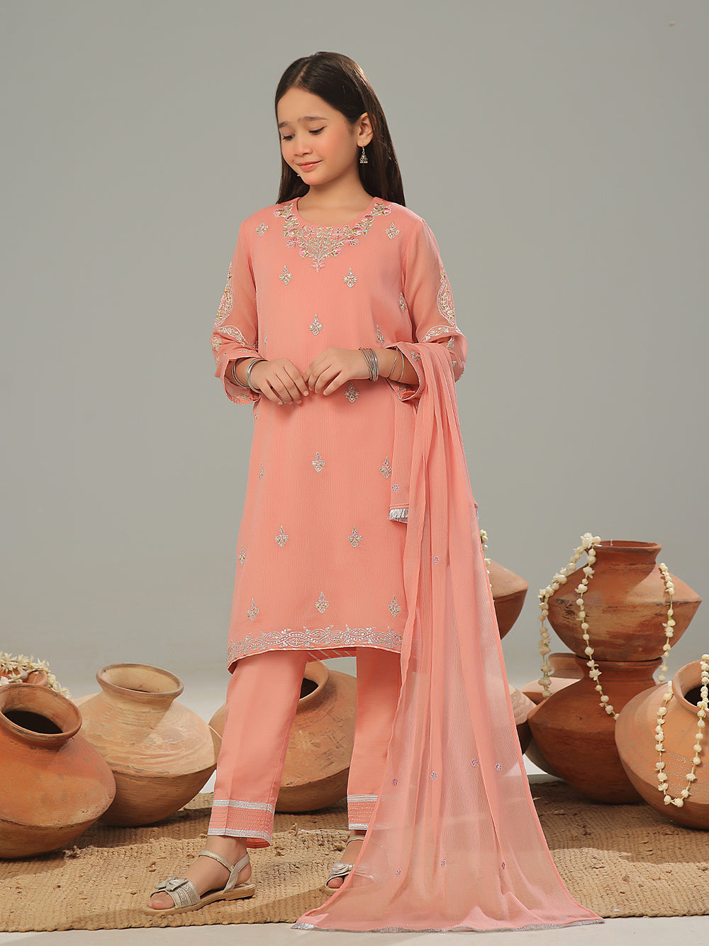 3Pc Embroidered Pret Suit Chiffon Peach - OGE3P-2408027
