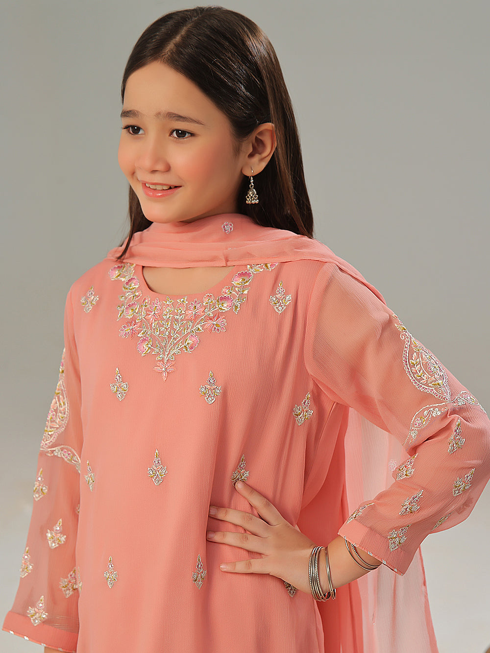 3Pc Embroidered Pret Suit Chiffon Peach - OGE3P-2408027