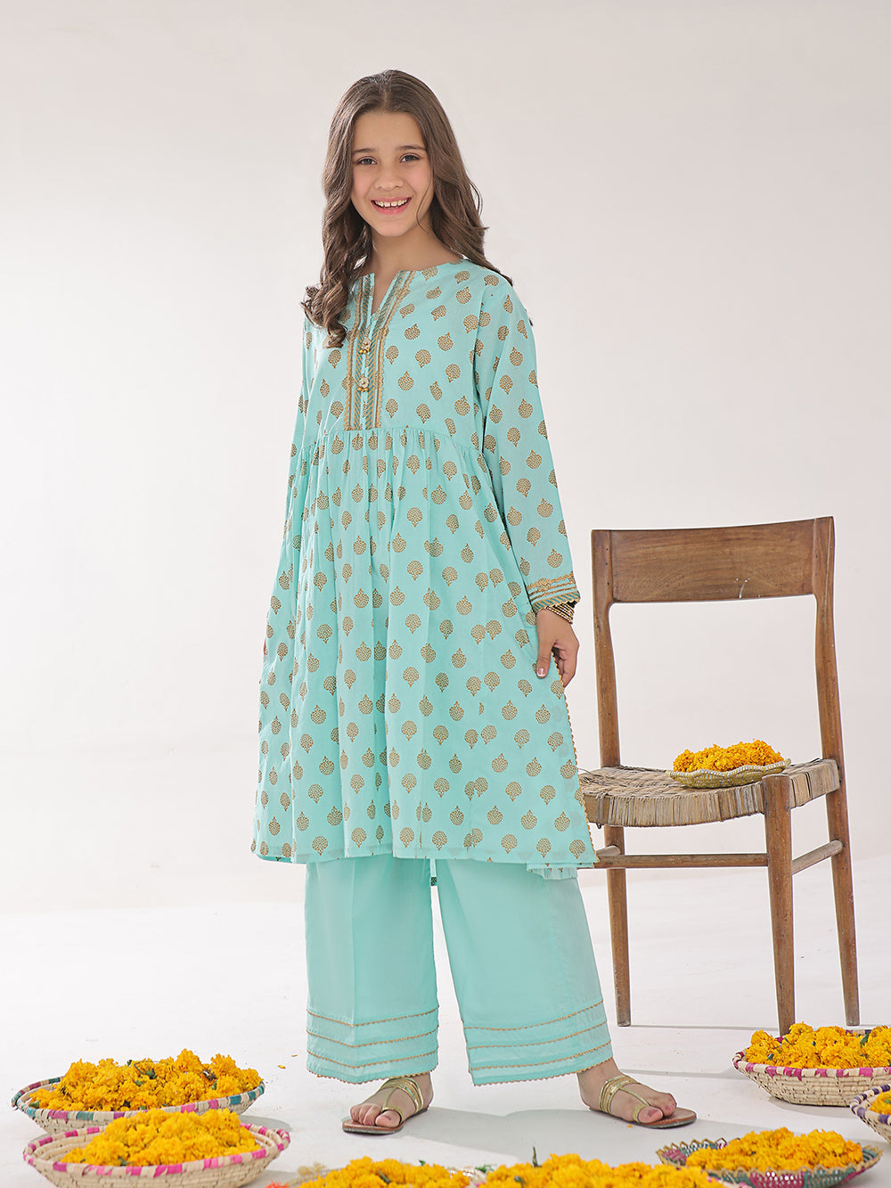 2Pc Printed Pret Shirt Trouser Dyed Lawn Ferozi - OG2PG-2403005