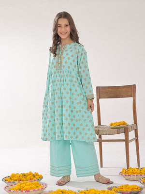 2Pc Printed Pret Shirt Trouser Dyed Lawn Ferozi - OG2PG-2403005