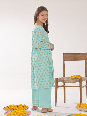 2Pc Printed Pret Shirt Trouser Dyed Lawn Ferozi - OG2PG-2403005