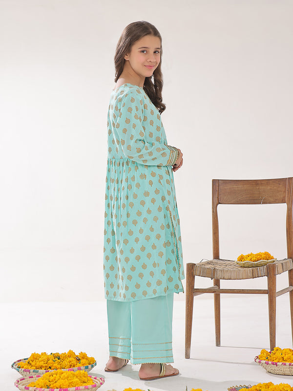 2Pc Printed Pret Shirt Trouser Dyed Lawn Ferozi - OG2PG-2403005