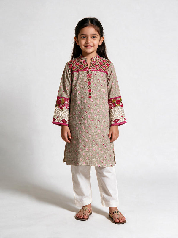 2Pc Embroidered Pret Shirt Trouser Lawn Grey & Pink - OGE2PG-25064