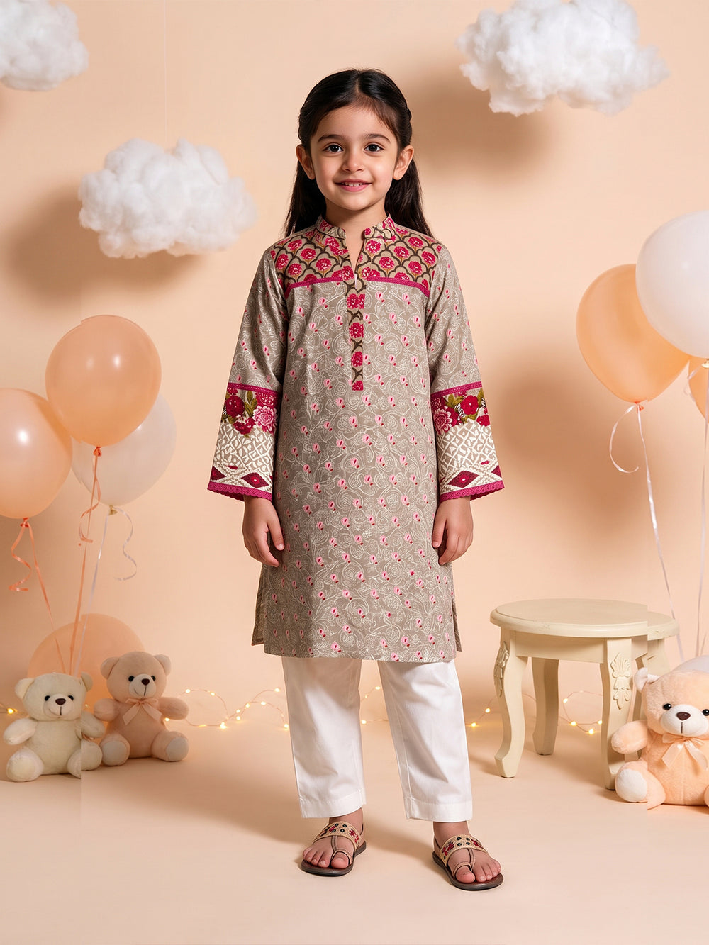 2Pc Embroidered Pret Shirt Trouser Lawn Grey & Pink - OGE2PG-25064