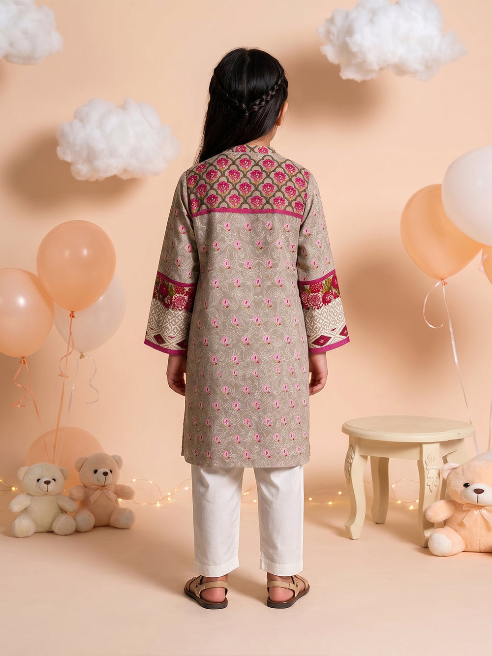 2Pc Embroidered Pret Shirt Trouser Lawn Grey & Pink - OGE2PG-25064