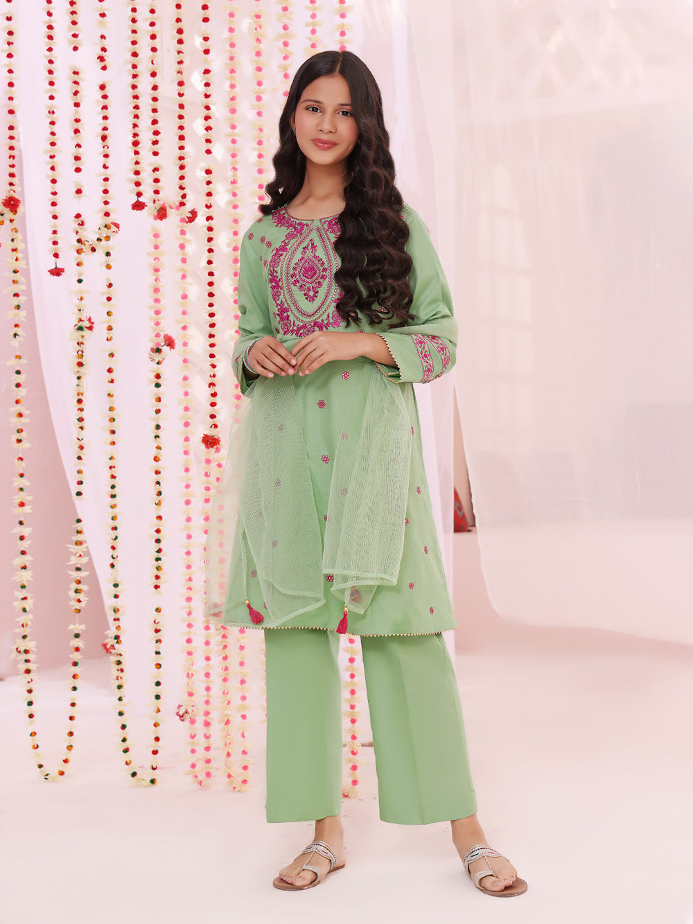 2Pc Embroidered Pret Shirt Dupatta Dobby Green - OGE2P-2211044
