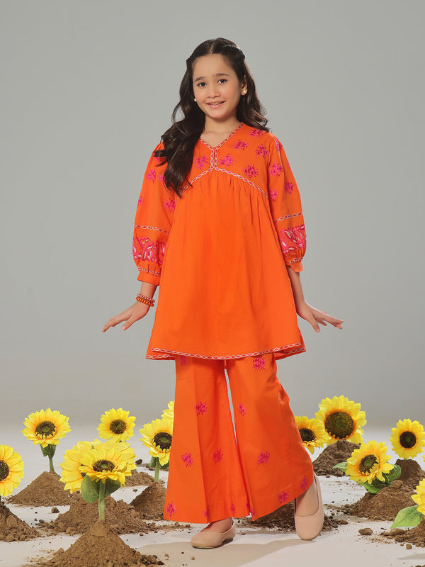 2Pc Embroidered Pret Shirt Trouser Dobby Orange - OGE2P-2405014