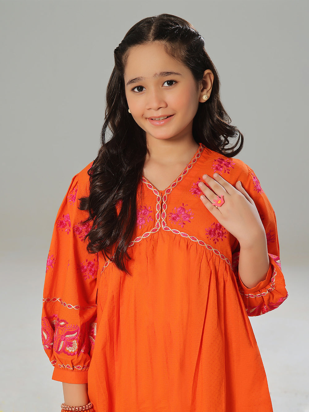 2Pc Embroidered Pret Shirt Trouser Dobby Orange - OGE2P-2405014