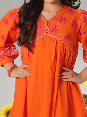 2Pc Embroidered Pret Shirt Trouser Dobby Orange - OGE2P-2405014