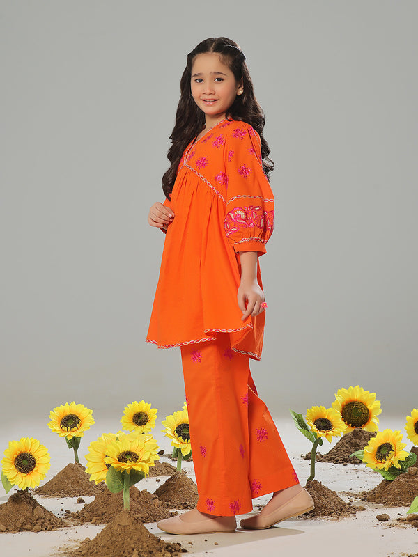 2Pc Embroidered Pret Shirt Trouser Dobby Orange - OGE2P-2405014