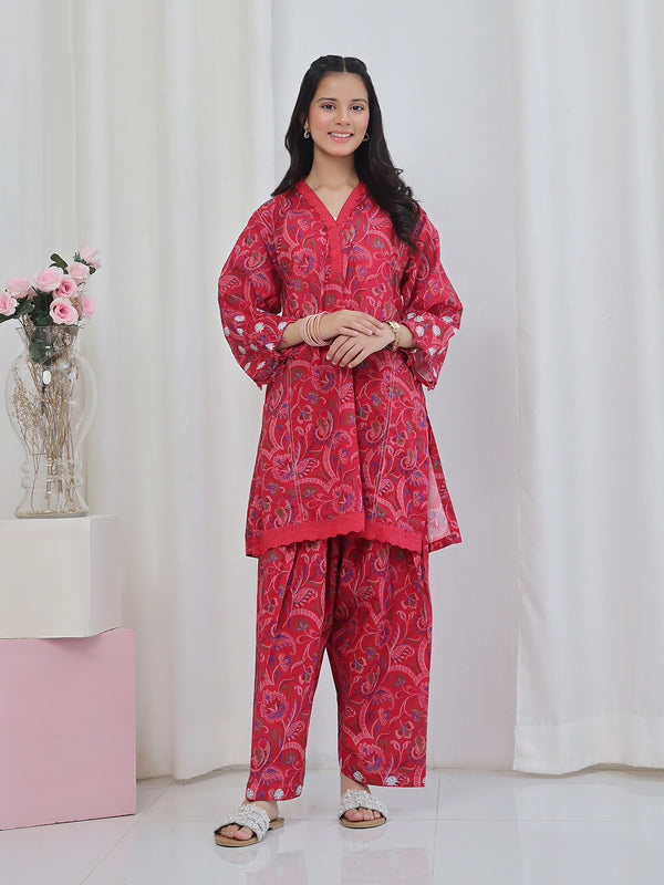 2Pc Embroidered Pret Shirt & Trouser Lawn Red - OGE2P-2506013
