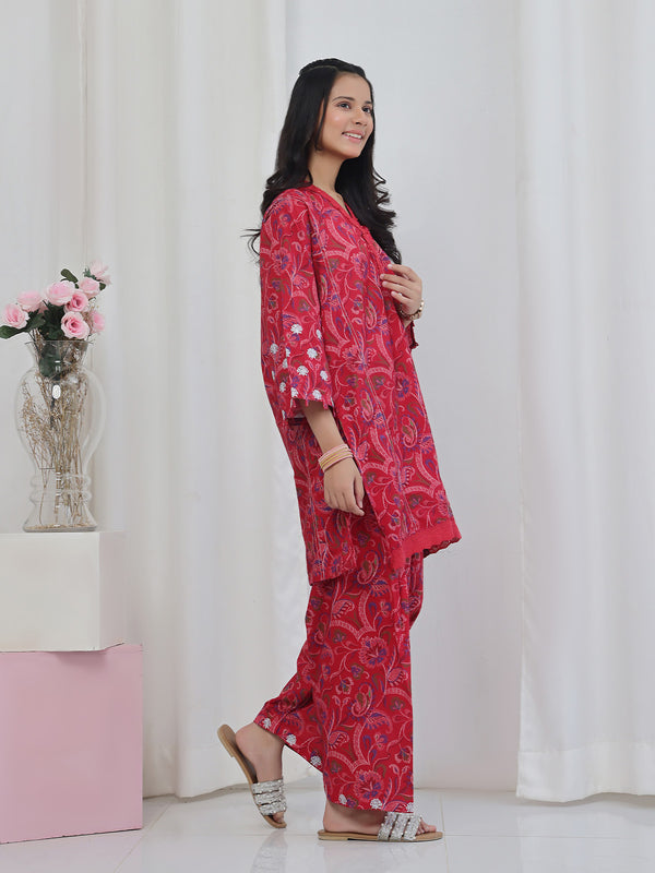 2Pc Embroidered Pret Shirt & Trouser Lawn Red - OGE2P-2506013