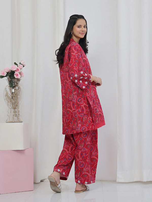 2Pc Embroidered Pret Shirt & Trouser Lawn Red - OGE2P-2506013