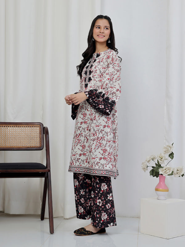 2Pc Embroidered Pret Shirt & Trouser Lawn Red & Black - OGE2P-2506015