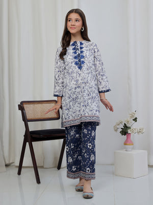 2Pc Embroidered Pret Shirt & Trouser Lawn White & Blue - OGE2P-2506016