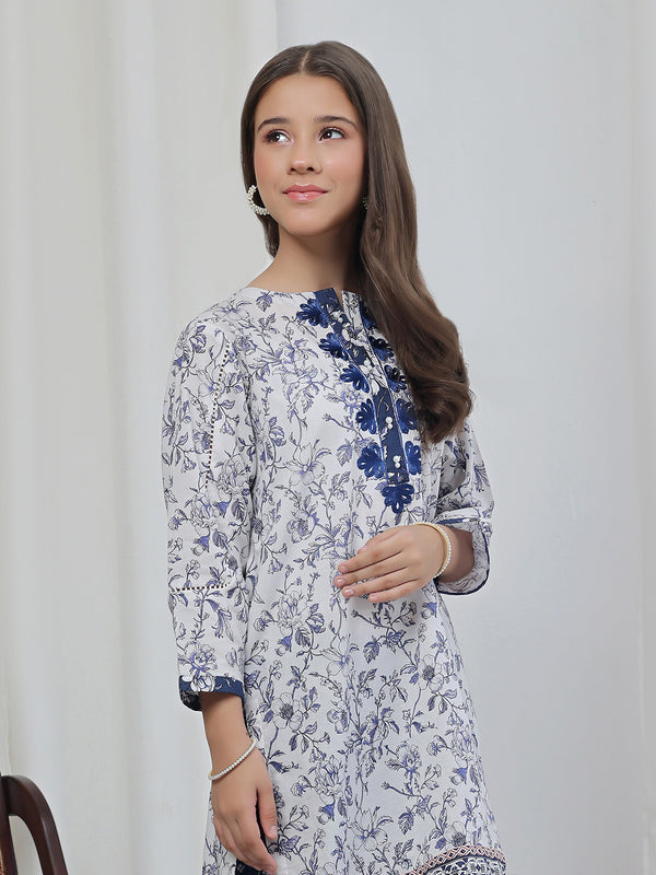 2Pc Embroidered Pret Shirt & Trouser Lawn White & Blue - OGE2P-2506016